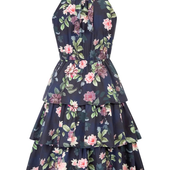 Belle Poque, floral printed elastic waist cake dress sleeveless haltered 3-layer - Picture 5 of 5
